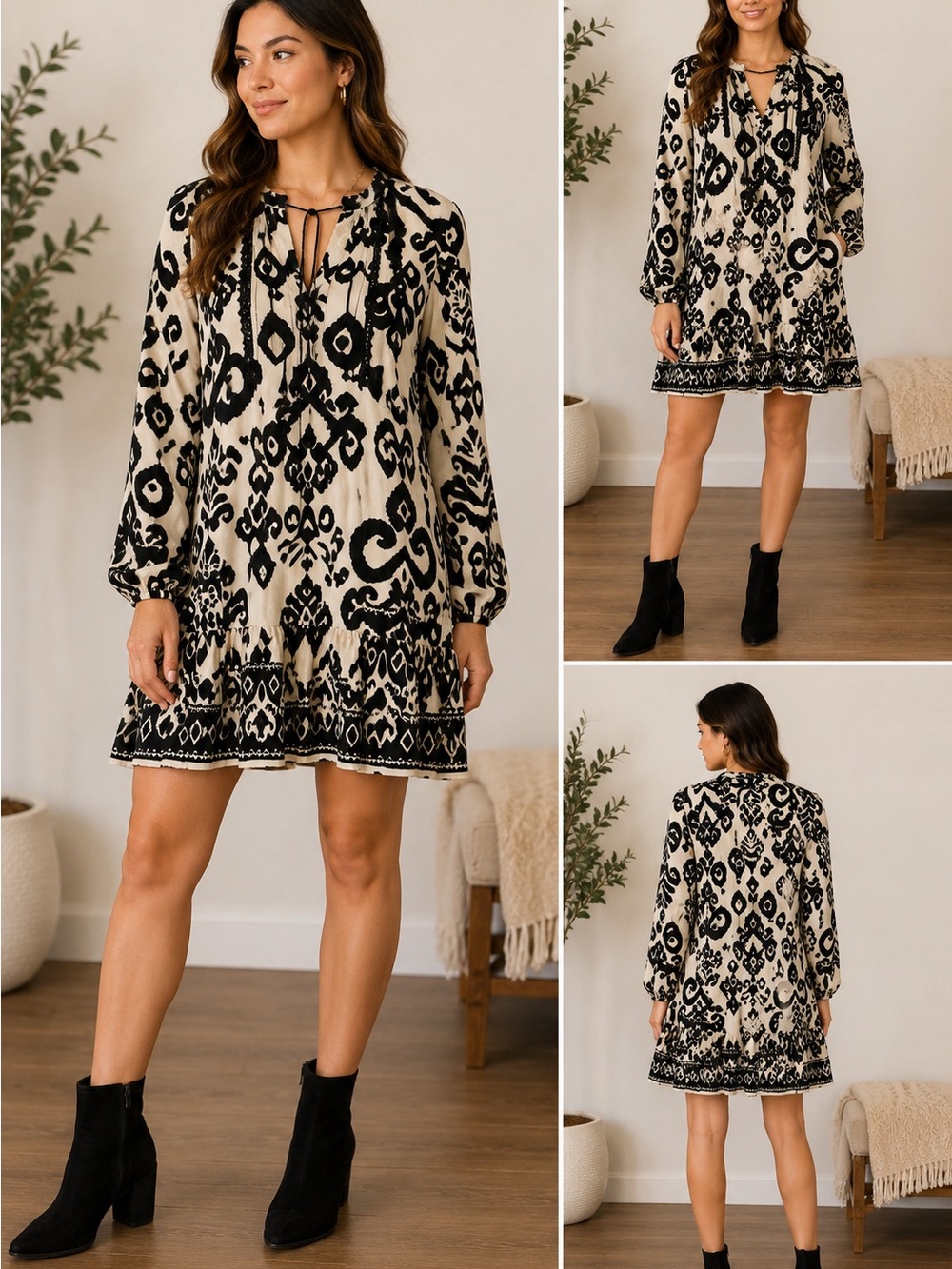 Zara Black & Ivory Ikat Print Tie Neck Mini Dress Size S